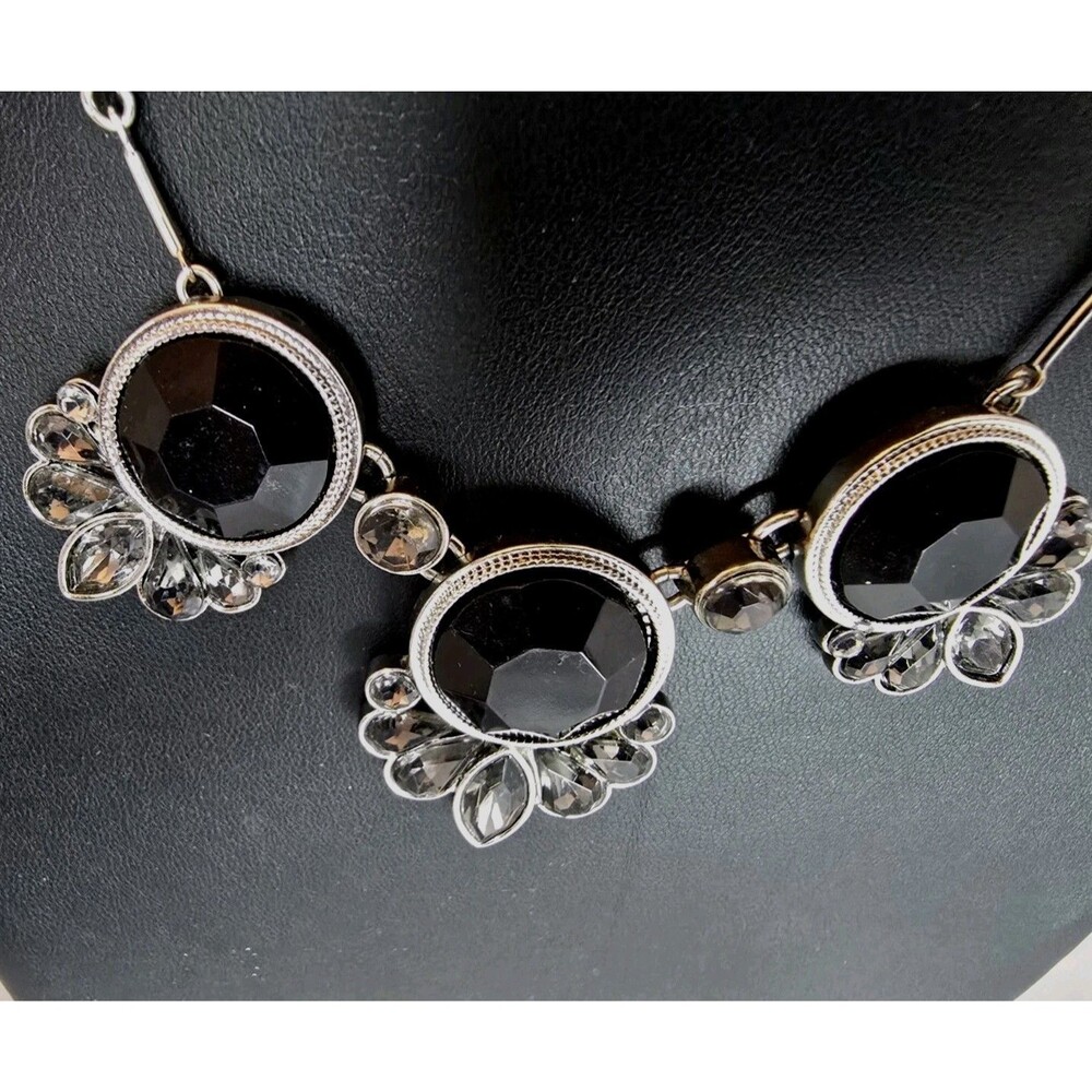 Black Faceted Acrylic Statement Necklace Silver Tone Glam Smoky Evening #990